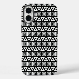 Aztec Triangles+Squares Pattern White on Black iPhone 16 Plus Case