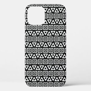 Aztec Triangles+Squares Pattern White on Black iPhone 12 Case