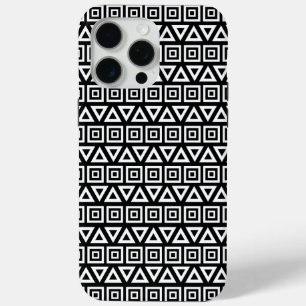 Aztec Triangles+Squares Pattern White on Black iPhone 15 Pro Max Case
