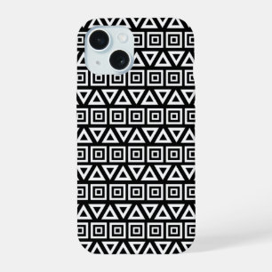 Aztec Triangles+Squares Pattern White on Black iPhone 15 Case