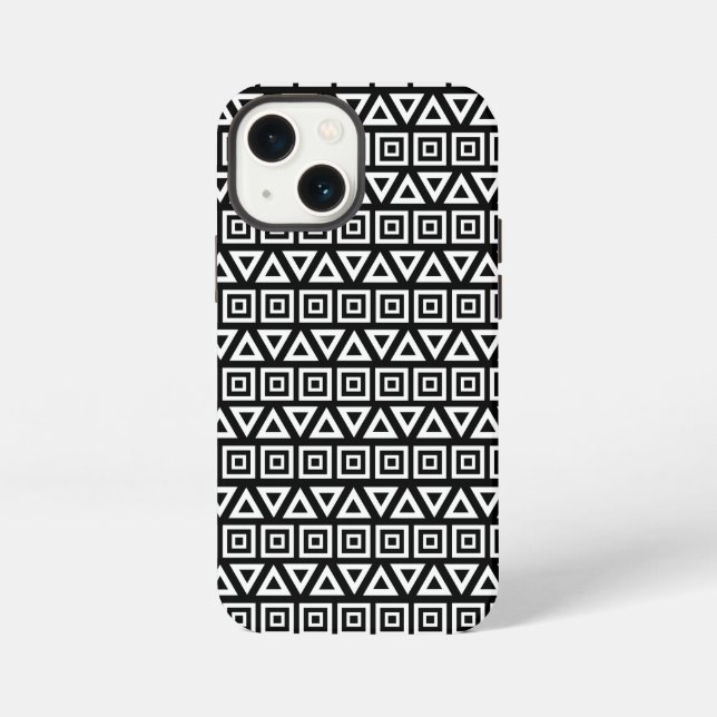 Aztec Triangles+Squares Pattern White on Black iPhone Case (Back)