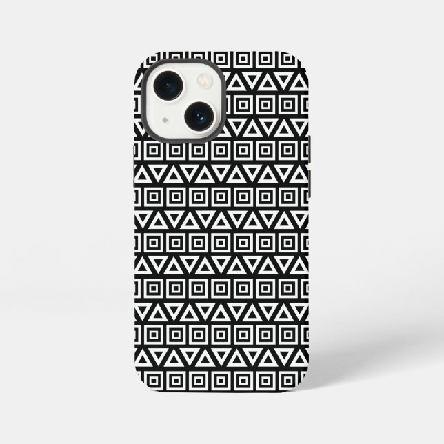 Aztec Triangles+Squares Pattern White on Black iPhone Case (Back)