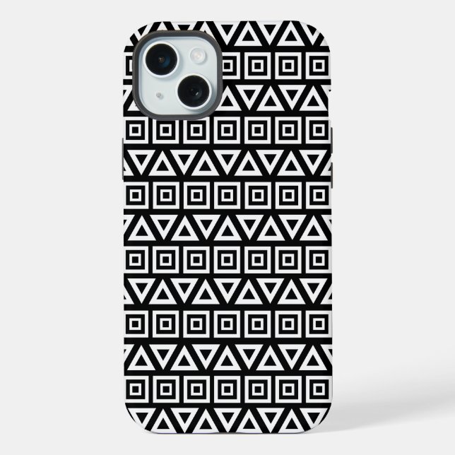 Aztec Triangles+Squares Pattern White on Black iPhone Case (Back)