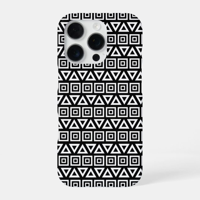 Aztec Triangles+Squares Pattern White on Black iPhone Case (Back)