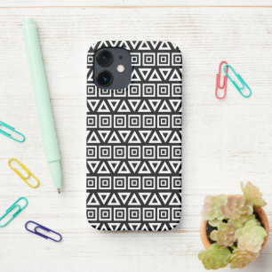 Aztec Triangles+Squares Pattern White on Black iPhone 12 Mini Case