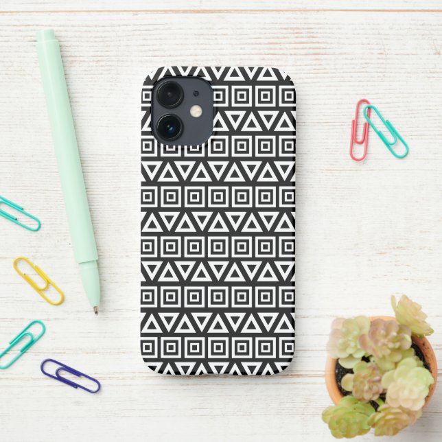 Aztec Triangles+Squares Pattern White on Black iPhone Case (On Desk)