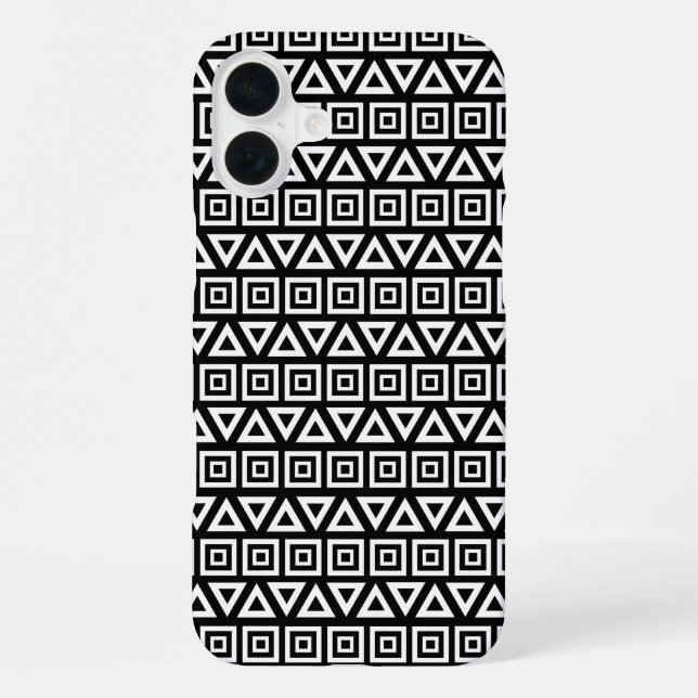 Aztec Triangles+Squares Pattern White on Black iPhone Case (Back)