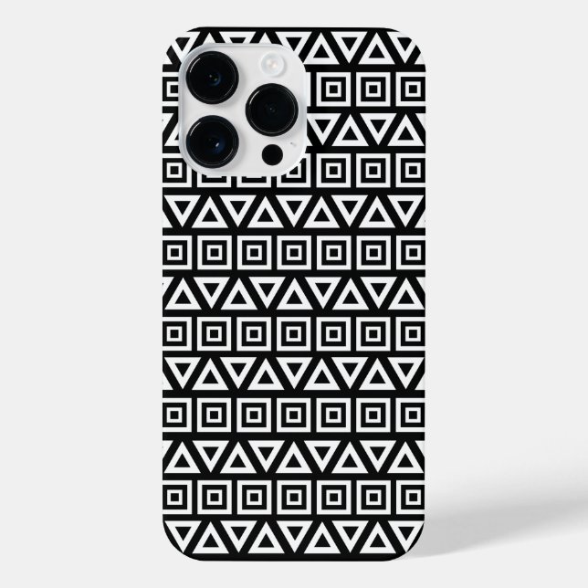 Aztec Triangles+Squares Pattern White on Black iPhone Case (Back)