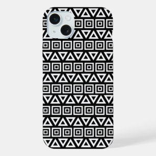 Aztec Triangles+Squares Pattern White on Black iPhone 15 Plus Case