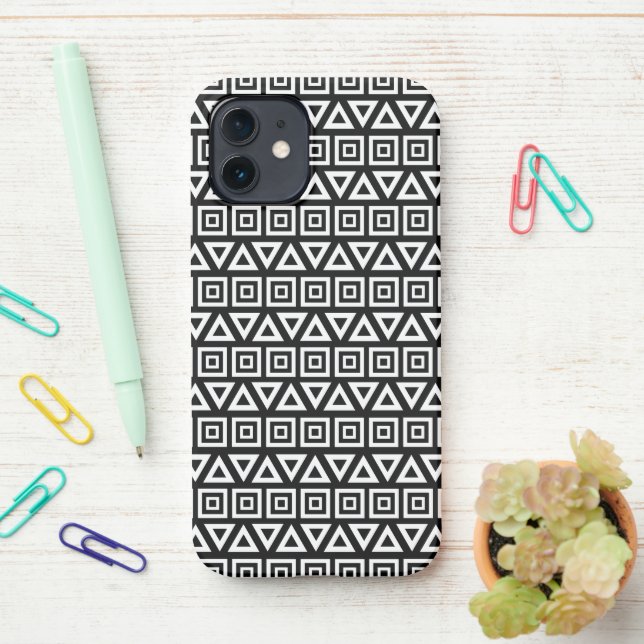 Aztec Triangles+Squares Pattern White on Black iPhone Case (On Desk)