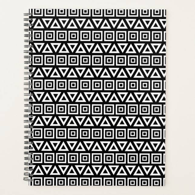 Aztec Triangles+Squares Pattern White on Black Planner (Front)