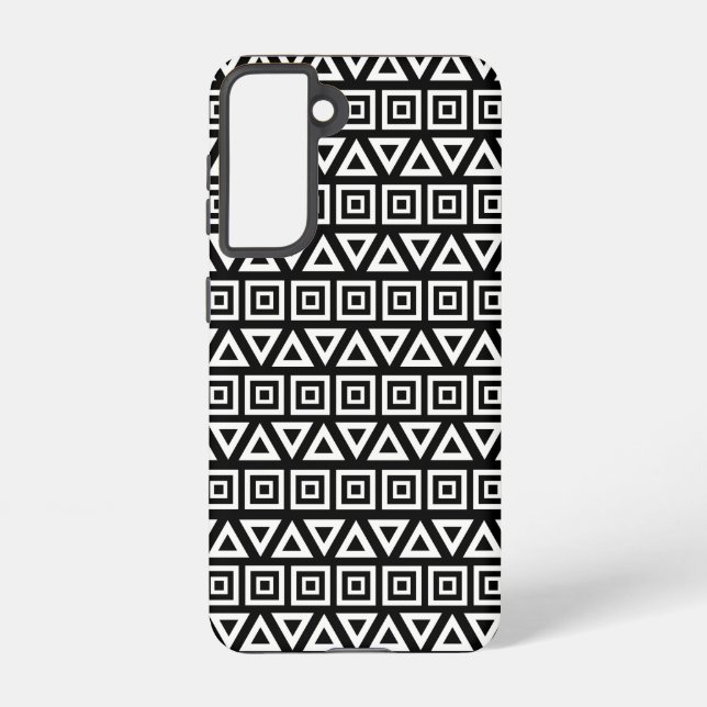 Aztec Triangles+Squares Pattern White on Black Samsung Galaxy S21 Case (Back)
