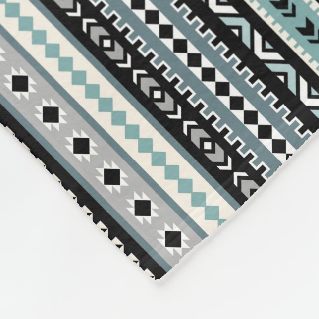 Aztec Tribal Pattern Aqua Black Grey Fleece Blanket (Corner)
