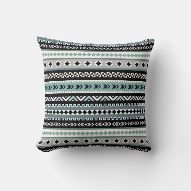 Aztec Tribal Pattern in Aqua and Black Cushion (Front)