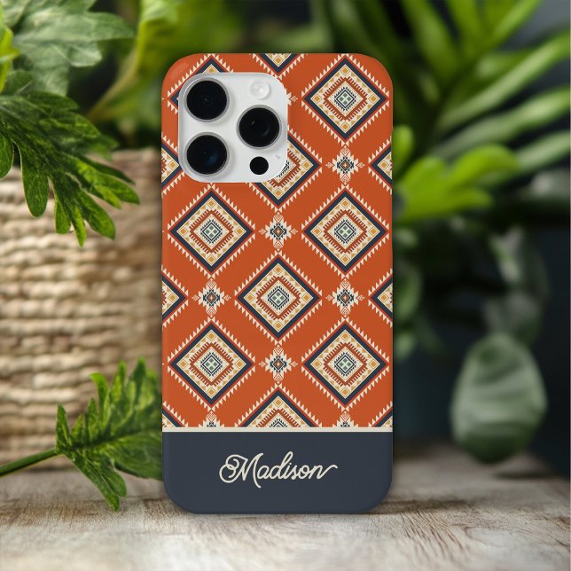  Aztec Tribal Pattern Rust Blue Personalised Name Case-Mate iPhone Case (Creator Uploaded)