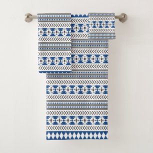 Aztec Tribal Print Blue Black White Bath Towel Set
