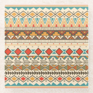 Aztec Tribal Striped Vintage Illustration Glass Coaster