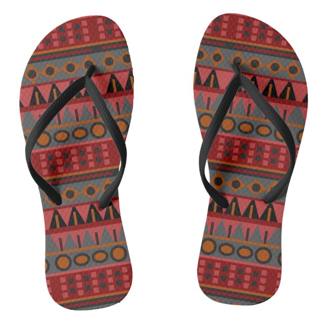 Aztec Warm Red Orange Brown Art Flip Flops (Footbed)