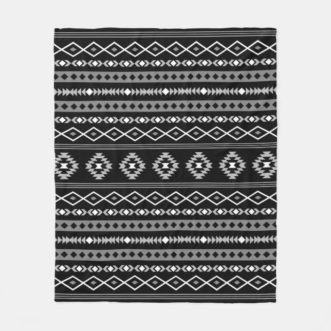 Aztec White Grey Black Mixed Motifs Pattern Fleece Blanket (Front)