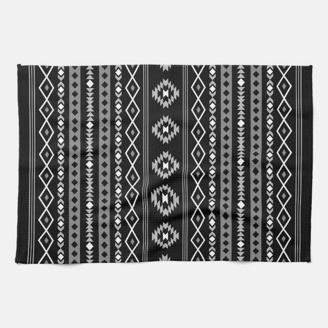 Aztec White Grey Black Mixed Motifs Pattern Tea Towel (Horizontal)
