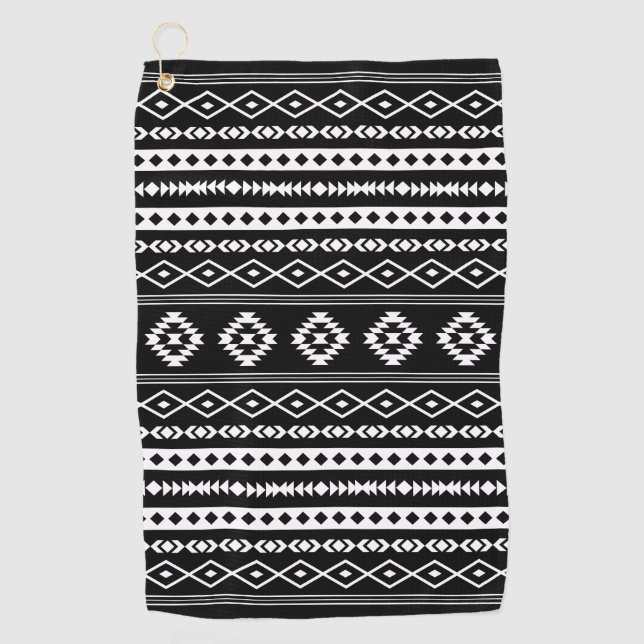 Aztec White on Black Mixed Motifs Pattern Golf Towel (Front)