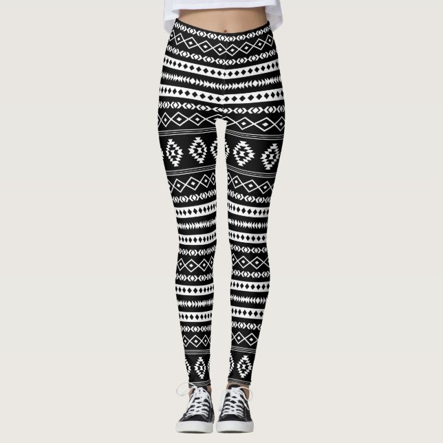 Aztec White on Black Mixed Motifs Rpt Pattern Leggings (Front)