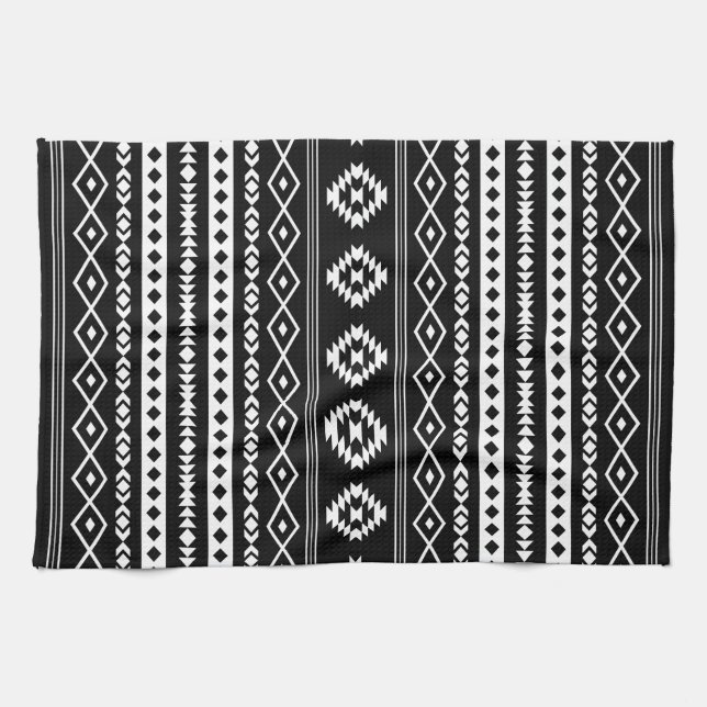 Aztec White on Black Mixed Motifs (V) Pattern Tea Towel (Horizontal)