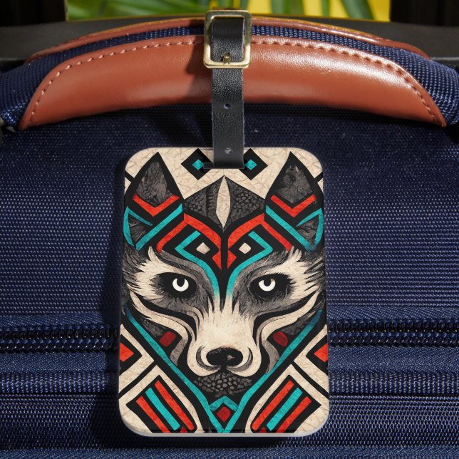 Aztec Wolf Face Luggage Tag (Front Insitu 2)