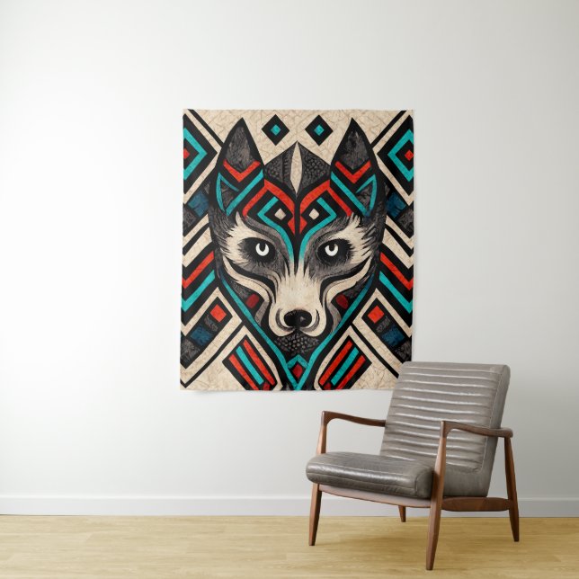 Aztec Wolf Face Tapestry (In Situ)