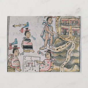 Aztecs consulting and following a map postcard