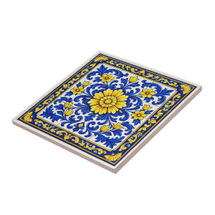 Azul Flor Dourada — Floral Azulejo Tile