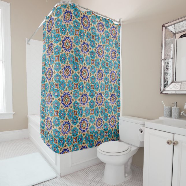 Azulejo Arabica Turquoise Shower Curtain (In Situ)