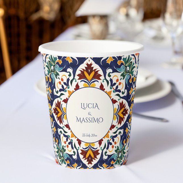Azulejo blue Mediterranean wedding printed Paper Cups (Azulejo blue colorful Portuguese Morocco Mediterranean wedding monogram printed Cups table decor)