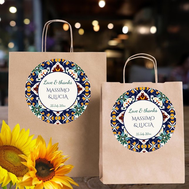 Azulejo blue Portuguese Mediterranean favour Classic Round Sticker (Azulejo blue Portuguese talavera  tiles Mediterranean wedding thank you favor Sticker)