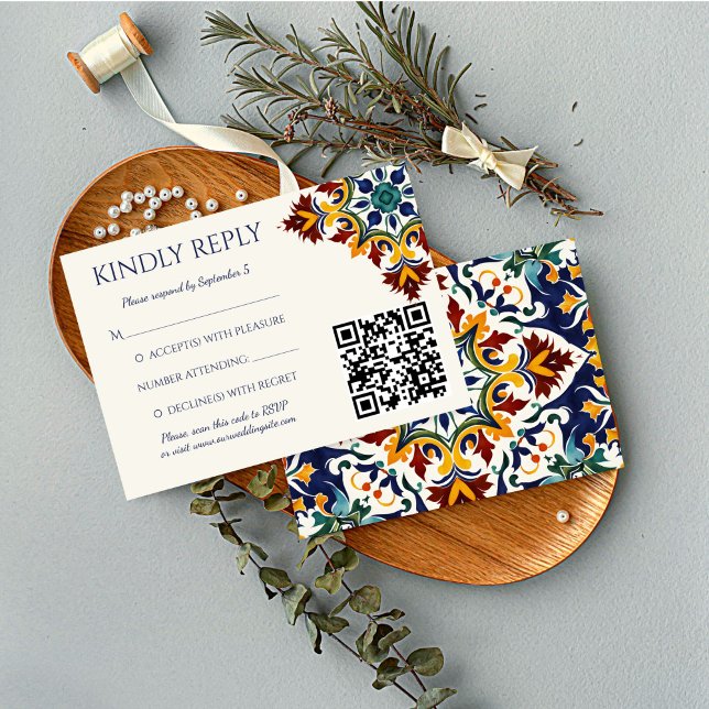 Azulejo blue Portuguese Mediterranean wedding RSVP Card (Azulejo blue Portuguese tiles Mediterranean themed wedding qr RSVP Card wedding invitation suite)
