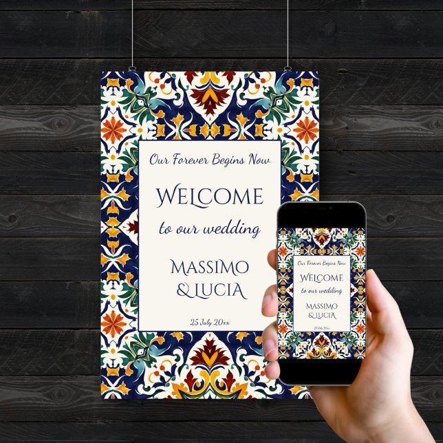 Azulejo blue Portuguese Mediterranean welcome sign (Azulejo blue Portuguese colorful tiles Mediterranean wedding welcome sign poster template digital)
