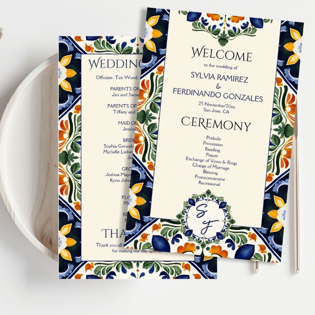 Azulejo blue Talavera Mexican wedding program (Azulejo blue Talavera vintage Mexican wedding program elegant order of events day of stationery)