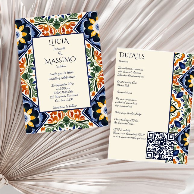 Azulejo blue Talavera vintage Mexican wedding Invitation (Azulejo blue Talavera vintage Mexican wedding all in one Invitation template download qr rsvp detail)