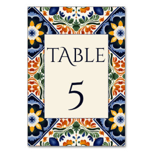Azulejo blue Talavera vintage Mexican wedding Table Number