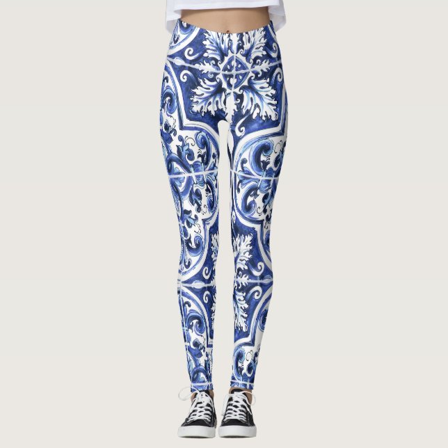 Azulejo Dolce Tile Pattern Leggings Blue Ceramic (Front)