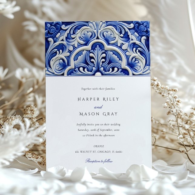 Azulejo Elegant Floral Ceramic Tile Wedding Invitation (Creator Uploaded)