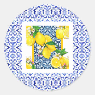 Azulejo grecian lemon Portuguese tiles summer Classic Round Sticker