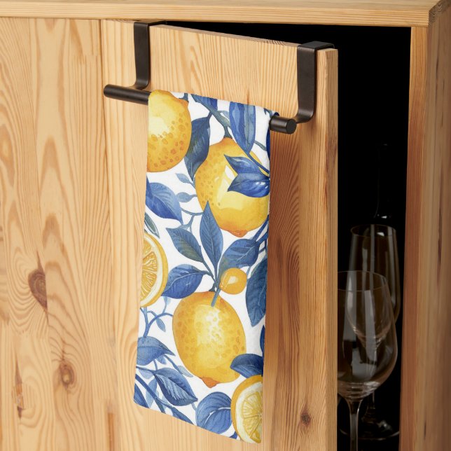 Azulejo Lemons Blue Leaves #1 Tea Towel (Thirds Fold)