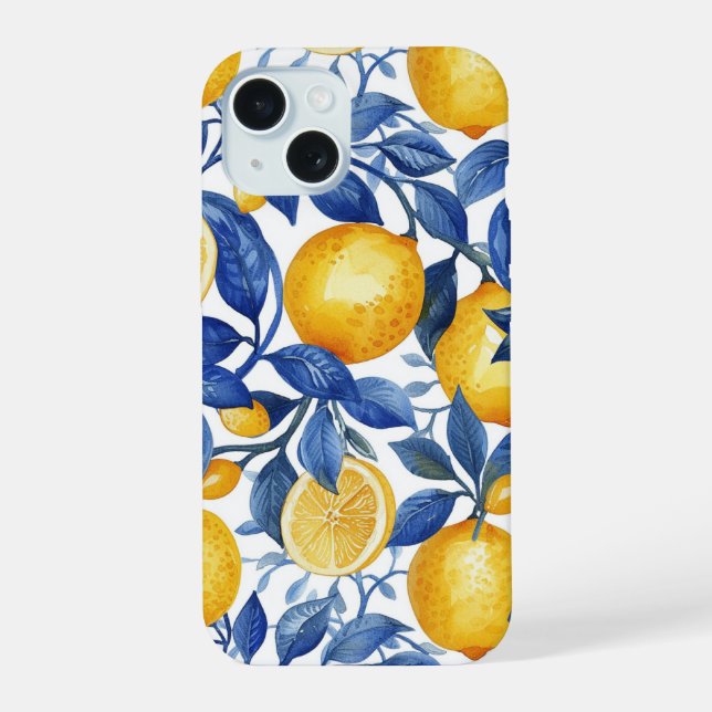 Azulejo Lemons Blue Leaves  iPhone 15 Case (Back)