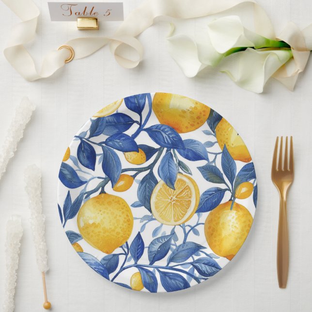 Azulejo Lemons Blue Leaves Pattern Paper Plate (Wedding)