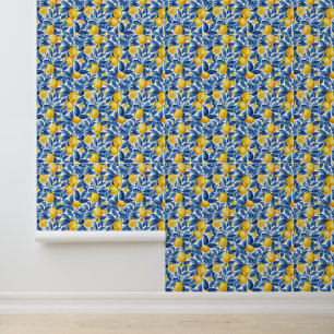 Azulejo Lemons Blue Leaves  Wallpaper