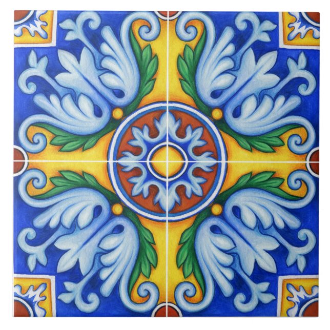 Azulejo Lisbon Patterned Talavera Ceramic Design  Tile (Front)