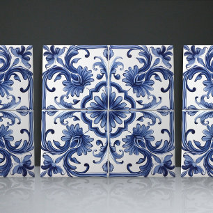 Azulejo Navy Iberian Lisbon Architectural Motif Tile