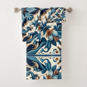 Azulejo Porcelain Blue Mediterranean Tile Art Bath Towel Set