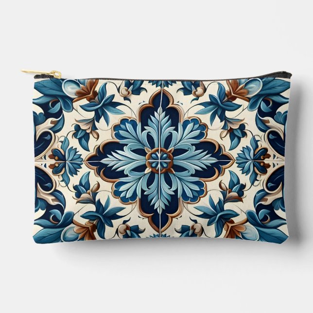 Azulejo Porcelain Blue Tile Mediterranean Pattern Accessory Pouch (Front)